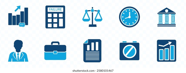 Business failure icon set. Containing bankruptcy, financial crisis, money leak, debt, no money, recession, unpaid bills and more. Solid vector icons ...