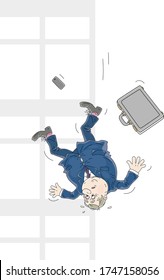 Business failure, an insolvent businessman with his briefcase falling down from a window of an office building, vector cartoon illustration isolated on a white background