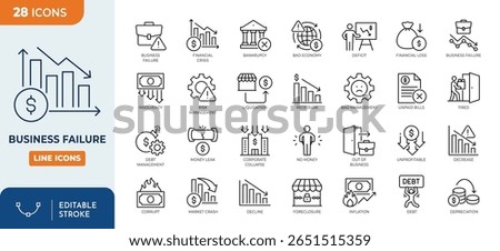 Business failure line editable icon set. Containing bankruptcy, financial crisis, money leak, debt, no money, recession, unpaid bills, and more. Editable stroke. Vector illustration