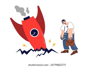 Business failure for man, tried to launch space startup, standing near crashed rocket. Upset engineer is sad after fall of spaceship from startup developing cosmic tourism and flights into orbit