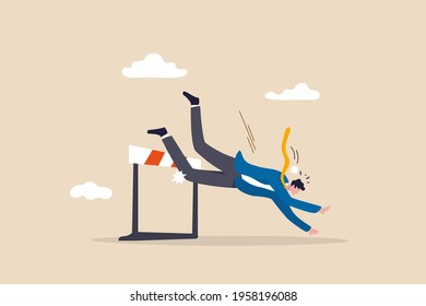 Business failure, mistake or cannot overcome difficulty or obstacle, problem or underperform employee concept, frustrated businessman loser fail to jump over hurdle and falling to the ground.