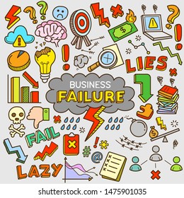 Business failure related objects and elements collection. Hand drawn vector doodle illustration in color.