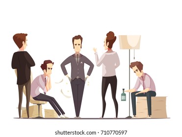 Business failure retro cartoon poster with upset project manager and frustrated partners and team members vector illustration 