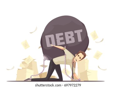 Business failure symbolic retro cartoon icon with kneeling businessmen chained to heavy debt burden vector illustration 