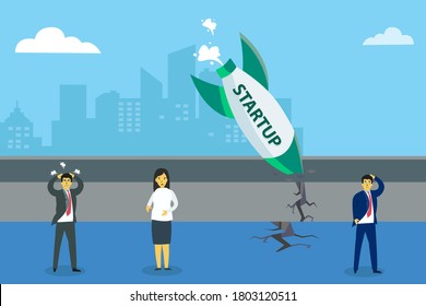 Business failure vector concept: Business people feeling upset over the crashing Startup rocket