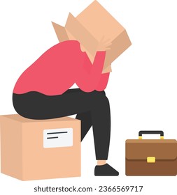 Business failure, Work mistake or misfortune and unlucky, Bankruptcy or fail entrepreneur, Sitting covered his head with box, Face people or society

