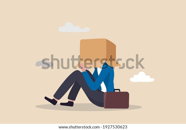 Business failure, work mistake or misfortune and\
unlucky, bankruptcy or fail entrepreneur concept, depressed\
businessman sitting covered his head with box, shameful cannot face\
people or society.