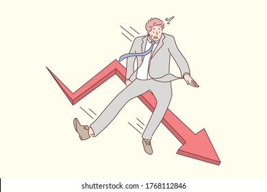 Business, fall, bankruptcy concept. Young scared businessman manager bankrupt cartoon character falling down from red arrow. Economic failure investment and financial stock market crash illustration.