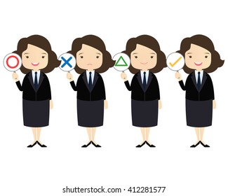 Business family cartoon character with "yes", " No", "OK", "Correct", "Incorrect", "Right" and "Wrong" answer on White background.- vector illustration