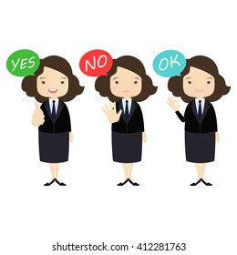 Business family cartoon character with "yes", " No", "OK", "Correct", "Incorrect", "Right" and "Wrong" answer on White background.- vector illustration