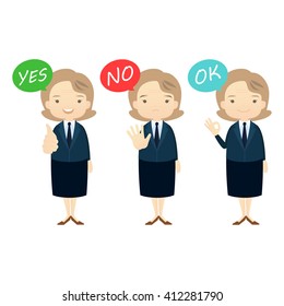 Business family cartoon character with "yes", " No", "OK", "Correct", "Incorrect", "Right" and "Wrong" answer on White background.- vector illustration