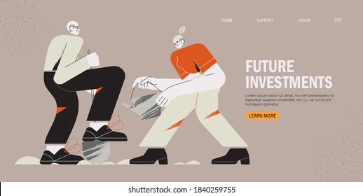 Business or family future investment banner, landing page, web ui illustration. Revenue and income metaphor. Characters plant and take care of tree. Investors strategy, funding, start up concept.