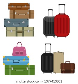 Business and family vacation travel luggage with handbag baggage. Icons luggage. Flat style. Suitcases and backpacks.