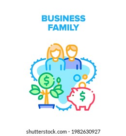 Business Family Vector Icon Concept. Business Family Husband Man And Wife Woman Leading Company And Earning Money Together. Growing Profit And Collect Coins In Piggy Bank Color Illustration