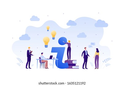 Business faq and education concept. Vector flat person illustration. Group of male and female people with idea light bubble sign, book, table and laptop. Design element for banner, poster, background.