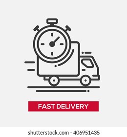 Business fast delivery service single isolated modern vector line design icon. Truck with stopwatch