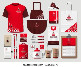 Juego de elementos de identidad corporativa de comida rápida para empresas. Vector de comida rápida color rojo uniforme promocional color, delantal, menú, horario, diseño de tazas de café con logos. Colección realista 3d de plantillas de trabajo