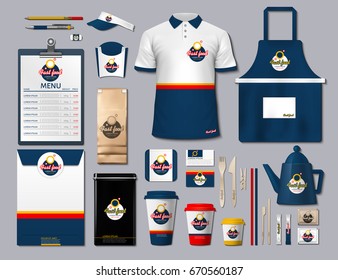 Business fastfood corporate identity items set. Vector fastfood Color promotional uniform, apron, menu, timetable, coffee cups design with logos. Work Stuff Stationery realistic collection