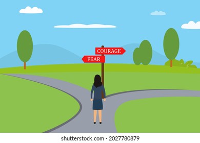 Business Fear vector concept. Businesswoman facing street sign the direction way to courage versus fear