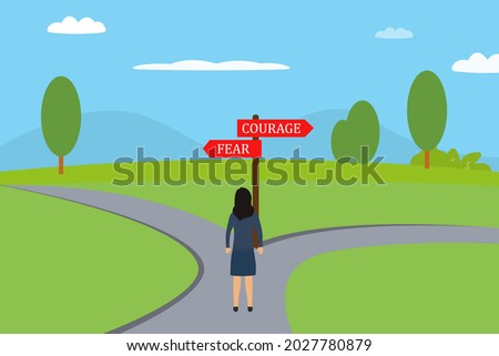 Business Fear vector concept. Businesswoman facing street sign the direction way to courage versus fear