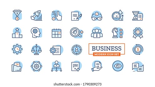 Business Features Modern Linear Icons. Vector Collection Of Signs With Symbol Of Enterprise, Rate, Benefit, Reporting, Company Structure