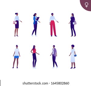 Business female african american ethnic people set. Vector flat person illustration. Group of corporate women in different cloth and poses. Design element for banner, poster, background, sketch, art.