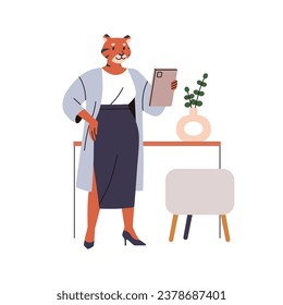 Business female animal. Anthropomorphic fox-headed CEO, boss standing with gadget. Office worker, employee holding tablet PC, computer in hands. Flat vector illustration isolated on white background