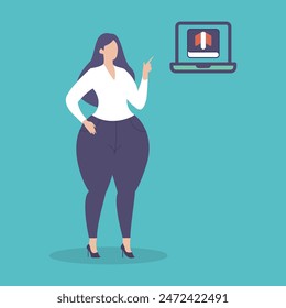 Business female guide online, minimalist hand drawn flat vector design illustration on white background
