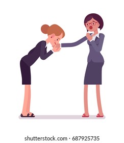 Business female hand kiss gesture, wearing office blazer and classic pencil skirt, element of respect. Polite friendly gesture. Vector flat style cartoon illustration, isolated, white background