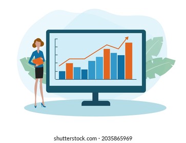 Business female near board with chart and diagram during presentation vector flat illustration. Woman lecturer giving lecture. Girl presenting and explaining marketing data