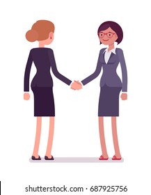 Business female partners handshaking, wearing office blazer, classic pencil skirt, meeting people the first time. Polite, friendly. Vector flat style cartoon illustration, isolated, white background