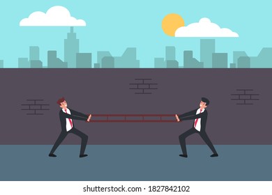 Business fight vector concept: Two businessmen are fighting to take a ladder by tug the ladder
