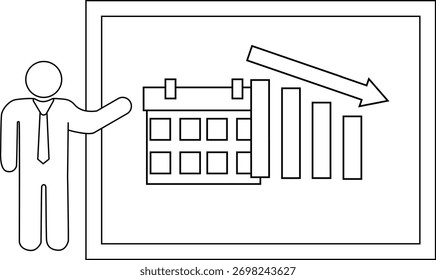 Figura comercial gesticulando para um gráfico e calendário em declínio no quadro branco