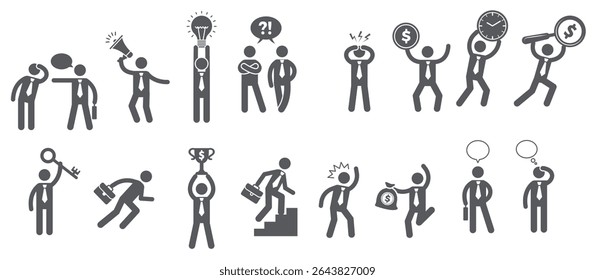 business figures simple stick characters action poses managers bosses working man business conversant.