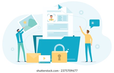 business file database security. online cloud backup storage. personal data information document protection management. with administrator and developer team working concept. flat vector illustration