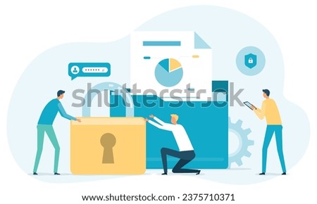business file database security. online cloud backup storage. personal data information document protection management. with administrator and developer team working concept. flat vector illustration