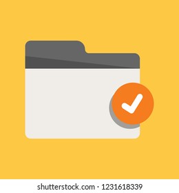 Business File Folder Icon in flat design with check symbol inside a circle.  Using shadow as design element.