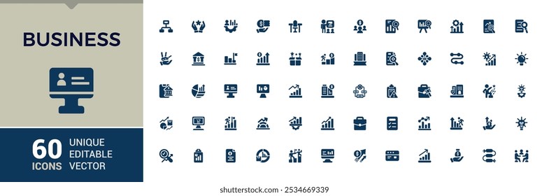 Business filled icon set. Contains related to investment, business strategy, business, financial, finance and more. Minimal solid icons. Editable vector illustration.