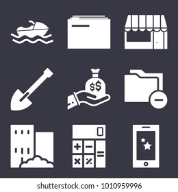 Business filled vector icon set on dark blue background