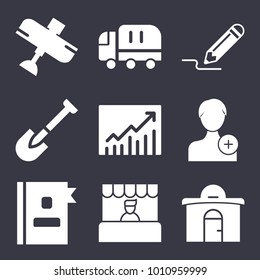 Business filled vector icon set on dark blue background