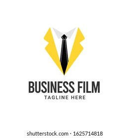 Business film maker logo design. Film strip with business man vector illustration for movie studio production graphic template.