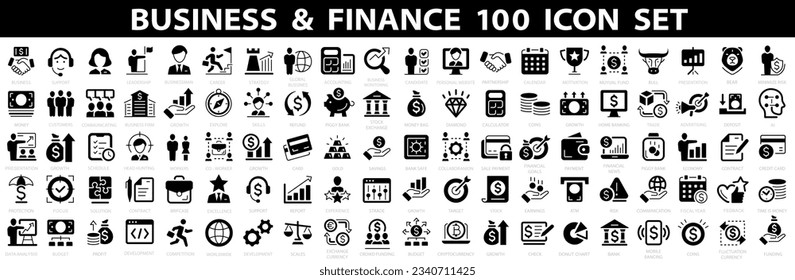 Business and Finance 100 icon set. Business people, human resources, office management, money, bank, contact, infographic and more. Vector illustration