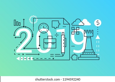 Business finance 2019 word trendy composition concept banner. Outline stroke investment, banking. Flat line icons lettering typography.