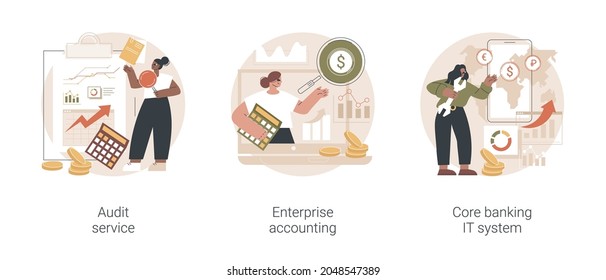 Business finance abstract concept vector illustration set. Audit service, enterprise accounting, core banking IT system, consulting company, financial transaction, clients deposit abstract metaphor.