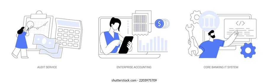 Business finance abstract concept vector illustration set. Audit service, enterprise accounting, core banking IT system, consulting company, financial transaction, clients deposit abstract metaphor.