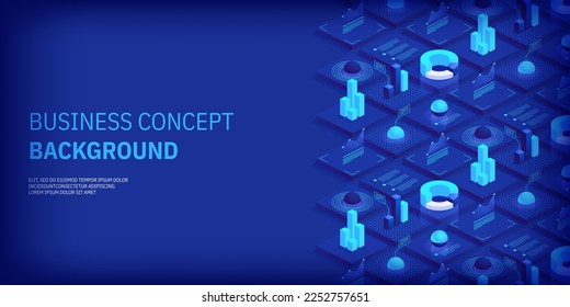 Business and finance abstract vector isometric background. Online statistics and data analytics. Digital money market; investment and trading. Perfect for web design; banner and presentation.