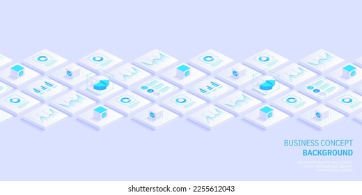 Business and finance abstract vector isometric background. Online statistics and data analytics. Digital money market; investment and trading. Perfect for web design; banner and presentation.