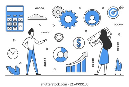 Business finance accounting team. Financial reporting and analyzing, processing company income vector monocolor illustration