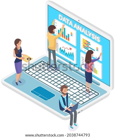 Business finance analytics, chart graphic report web infographic vector. People work with business statistics and data analysis. Employees study statistical indicators, graphs on laptop screen