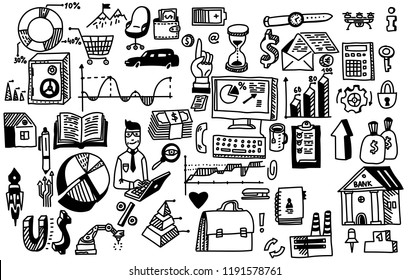 Business finance analytics earnings. Hand draw doodle elements money, charts, graphs